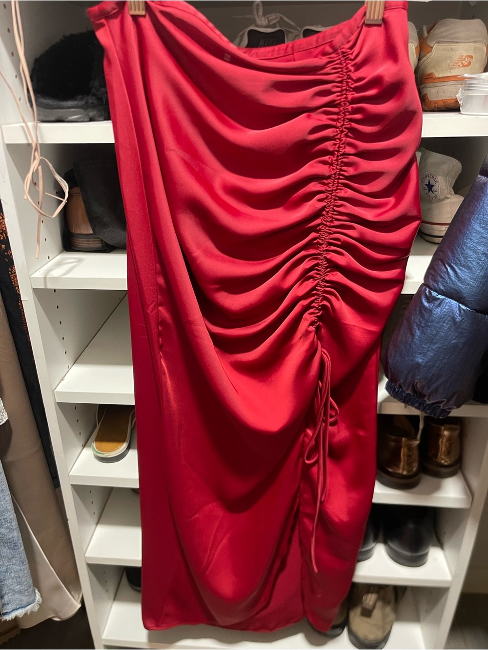 Free People Hot Red Ruched Satin Midi Skirt